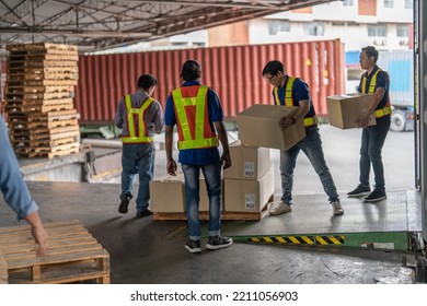 4 men Warehouse worker open doors steel 40 feet container and help carry box one by one supervisor stand near by using paper clip checklist - Powered by Shutterstock