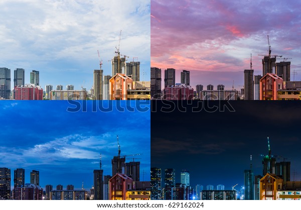 4 Moments of Day\
to Night View of Construction site in Downtown Singapore skyline\
with dramatic clouds