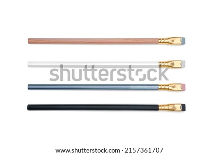 4 pencils with square eraser. Unsharpened wooden graphite writing instrument. Home or office stationery for branding. Top view of an isolated faceted plain pen with shadow