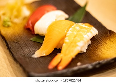 4 Pieces Of Sushi At Dinner In The Restaurant In Tokyo