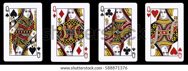 4
Queens in a row - Playing Cards, Isolated on
black