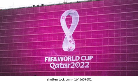 4 September 2019, Moscow, Russia. The logo of the FIFA world Cup 2022, which will be held in Qatar, on a giant screen in the city center.