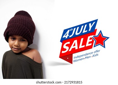 4 th of July Sale poster. posing baby for modelling,  with independence day celebration USA 4th 
