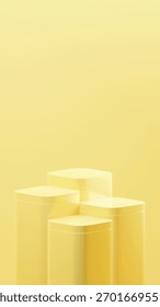 4 vertical cube podiums with rounded corners. Luxurious cube podiums in Tan Yellow color. 4 podiums arranged randomly over Tan Yellow background.