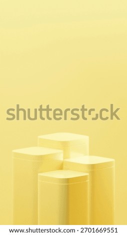 4 vertical cube podiums with rounded corners. Luxurious cube podiums in Tan Yellow color. 4 podiums arranged randomly over Tan Yellow background.