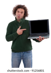 40 Year Old Man Displaying A Laptop. Isolated On White