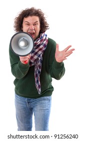 40 Year Old Man With Megaphone. Isolated On White