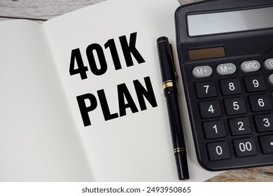 401K Plan text message written on note page with calculator top view on wooden background