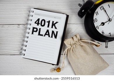 401K Plan text on notepad with money bag and alarm clock on wooden background