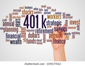 401k, Word Cloud And Hand With Marker Concept On White Background.  401k - Retirement Savings Plan Sponsored By Employer.