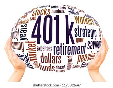 401k Word Cloud Hand Sphere Concept On White Background.  401k - Retirement Savings Plan Sponsored By Employer.