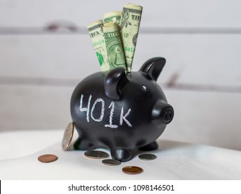 401k Written On Black Piggy Bank 