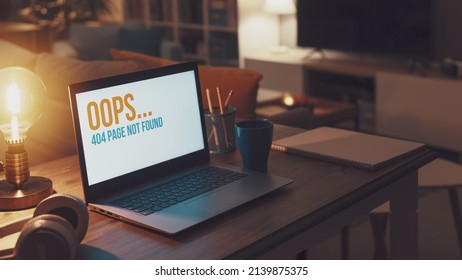 404 page not found error message on a laptop screen, network problem and broken link concept