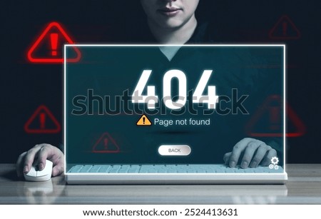 404 Page not found error. Screen shows errors on website page to contact maintenance or support. Concepts of internet network, troubleshooting server connection problems, and improving signal failures