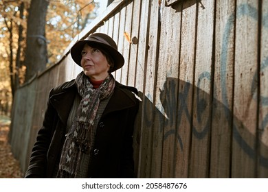 40's Old Elegant Lady Walking In The October Park