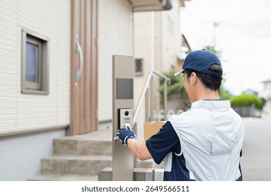 40-something delivery man pushing the intercom at home.