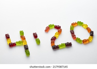 4:20 Cannabis Culture Slang From Sweet Yummy Teddy Bear Candies Isolated On White Background. Marijuana And Hashish Consumption And Legalization. Light Drug And Addiction. Herbal Medicine. Copy Space