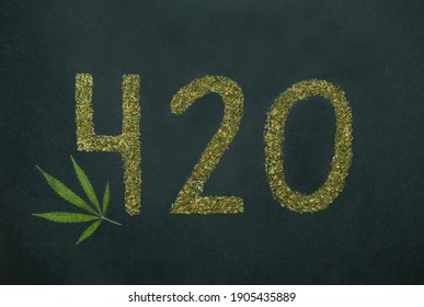 420 Made With Marijuana, And Beautiful Cannabis Leaf On Black Background. 420, Expression Of Cannabis Culture Slang.