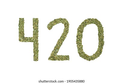 420 Made With Marijuana, Expression Of Cannabis Culture Slang Isolated On White Background. Weed Concept.