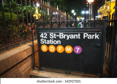 42st - Bryant Park Subway Sign In The Summer Night, New York City.