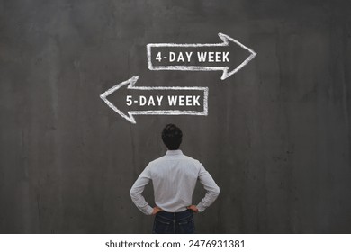 4-day work week vs 5 day workweek concept with business man looking at arrows signs,  five-day week or four-day, friday off