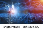 4G and 5G cellular telecommunication tower. Telecommunication equipment for a 5G radio network with radio modules and smart antennas installed 