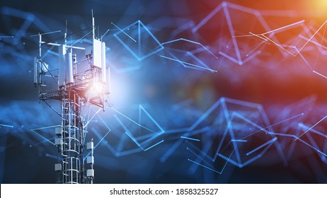 4G and 5G cellular telecommunication tower. Telecommunication equipment for a 5G radio network with radio modules and smart antennas installed 