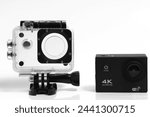 4K action camera on a white background and waterproof case