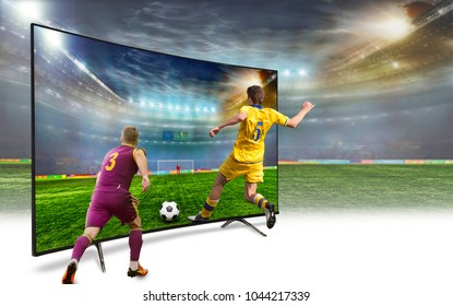 4k monitor isolated on white. Isometric view.   monitor watching smart tv translation of football game. 