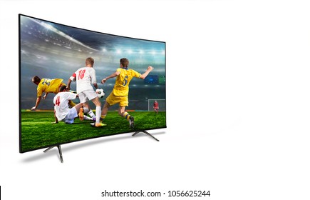 4k Monitor Watching Smart Tv Translation Of Football Game. Concept