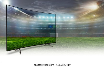 4k Monitor Watching Smart Tv Translation Of Football Game. Concept