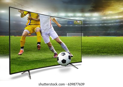 4k Monitor Watching Smart Tv Translation Of Football Game. Concept