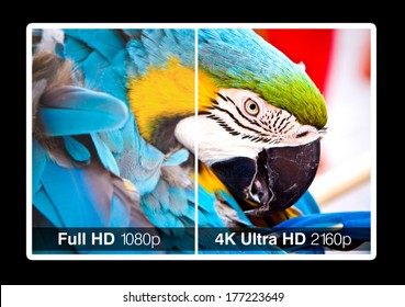 4K television display with comparison of resolutions. Ultra HD on on modern TV