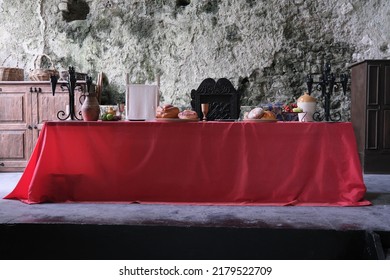 4th July 2022- A Table Layed For A Medieval Meal In The Dining Hall At The Historic Castle At Carew, Pembrokeshire, Wales, UK.