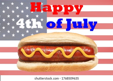 4th Of July. American Flag With Happy 4th Of July Text And Hot Dog With Mustard. American Independence Day Celebration. 
Happy Forth Of July.