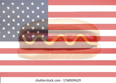 4th Of July. American Flag With 4th Of July Hot Dog With Mustard. American Independence Day Celebration. 
Happy Forth Of July. Room For Text Overlay.