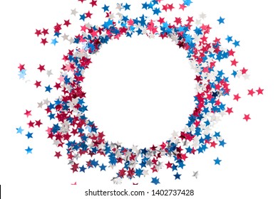 4th Of July American Independence Day. Red, Blue And White Star Confetti Decorations On White Background. Flat Lay, Top View, Copy Space