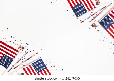 4th of July American Independence Day decorations on white background. Flat lay, top view, copy space