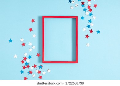 4th Of July American Independence Day. Happy Independence Day. Red, Blue And White Star Confetti, Decorations On Blue Background. Flat Lay, Top View, Copy Space