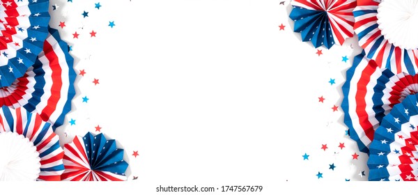 4th Of July American Independence Day. Happy Independence Day. Red, Blue And White Star Confetti, Paper Decorations On White Background. Flat Lay, Top View, Copy Space, Banner