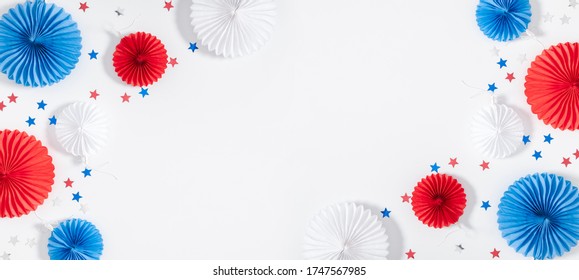 4th Of July American Independence Day. Happy Independence Day. Red, Blue And White Star Confetti, Paper Decorations On White Background. Flat Lay, Top View, Copy Space, Banner