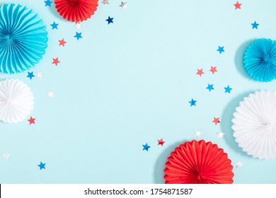 4th Of July American Independence Day. Happy Independence Day. Red, Blue And White Star Confetti, Paper Decorations On Blue Background. Flat Lay, Top View, Copy Space