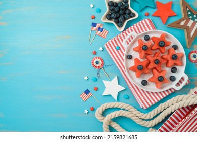 4th Of July Background With Summer Fruit Salad On Wooden Background. Happy Independence Day Picnic Concept. Top View, Flat Lay