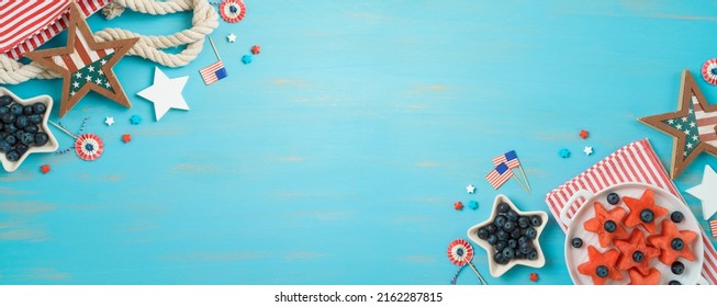 4th Of July  Banner Design, Independence Day Picnic Background With Watermelon, Blueberry Fruit Salad And Decorations. Top View, Flat Lay