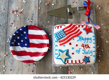 4th Of July Cake Setting On Wooden Table, Seen From Above