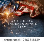 4th July Card - Usa Flag With Sparkler On Black Stone And Abstract Bokeh - Independence Day Text