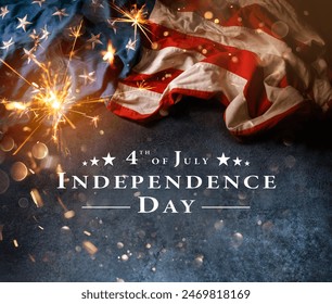 4th July Card - Usa Flag With Sparkler On Black Stone And Abstract Bokeh - Independence Day Text - Powered by Shutterstock