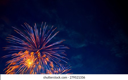 4th July Fireworks. Fireworks Display On Dark Sky Background.