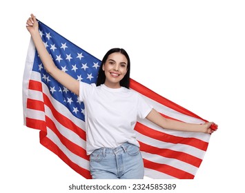 4th of July - Independence day of America. Happy woman holding national flag of United States on white background - Powered by Shutterstock