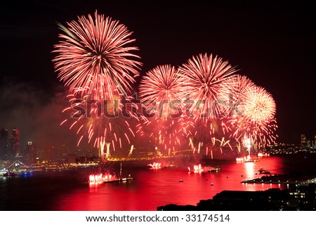 4th of July Macys fireworks display on Hudson River.